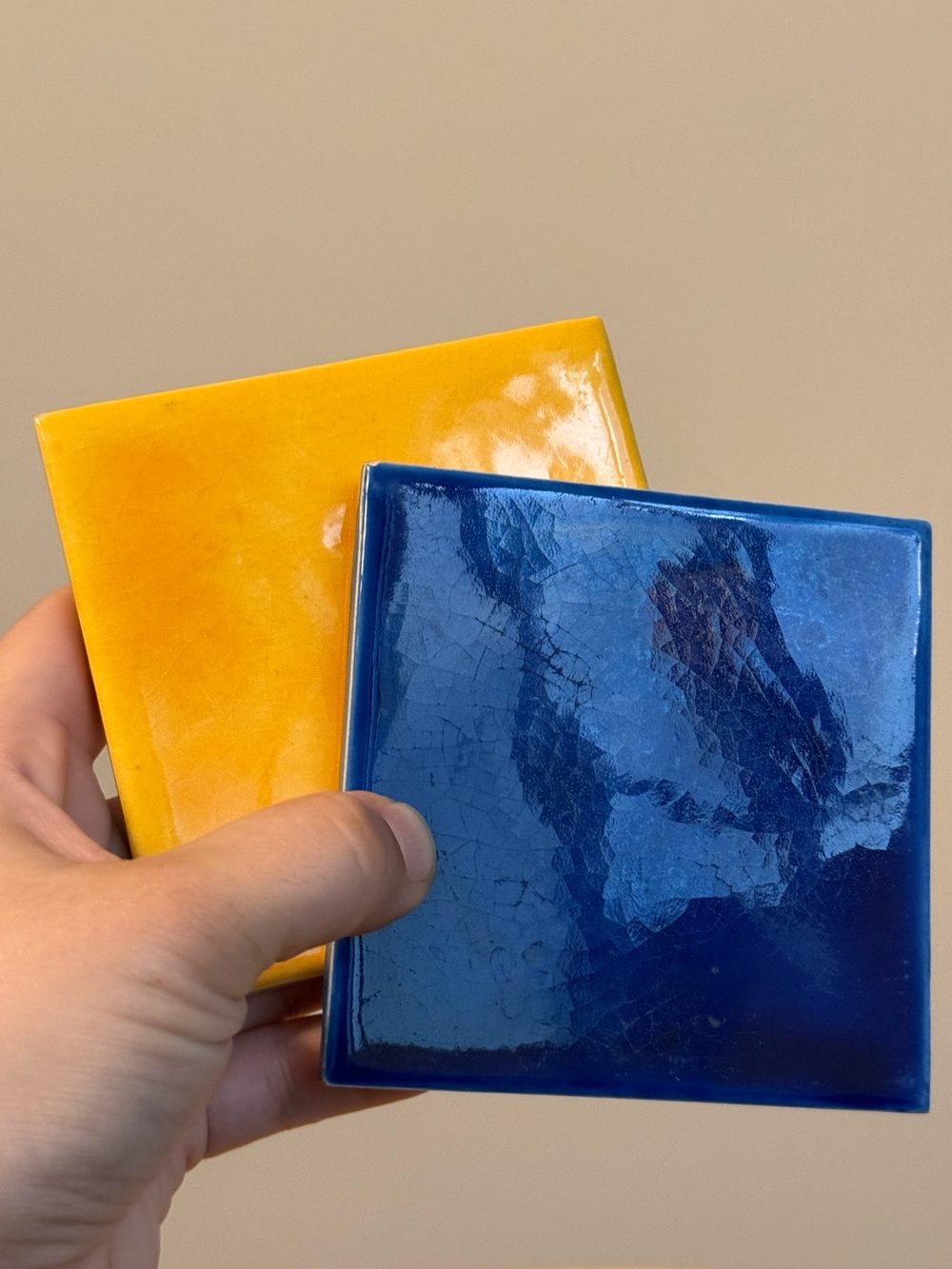 Set of 2 Handpainted Drink Coaster Tiles Cobalt Blue Mustard Yellow Home Decor